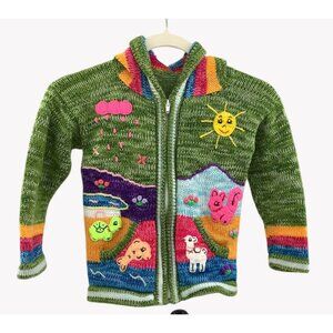 Handmade Peruvian Kids Wool Sweater Colorful Animal Embroidery & Hood Size 8